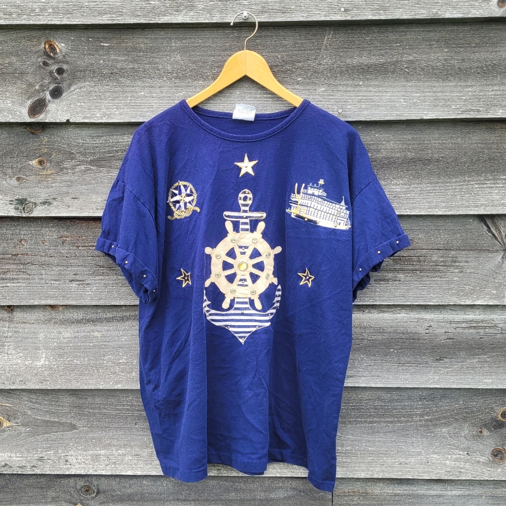 Vintage nautical themed tee Made in USA blue embellished applique sailor - OS